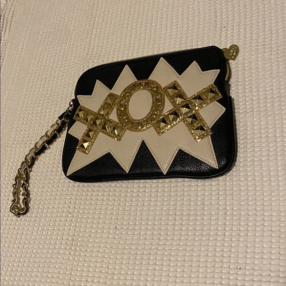 Betsey Johnson TTYL XOX Clutch/wristlet Black Studded purse with gold tone strap